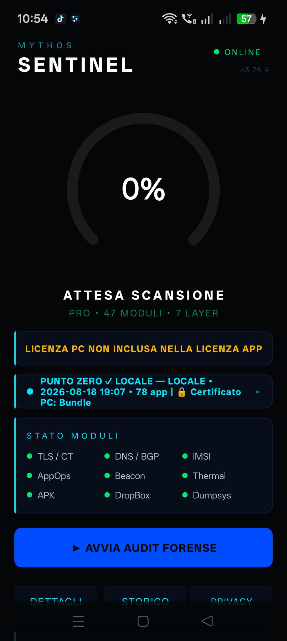 Dashboard Mythos Sentinel in attesa scansione